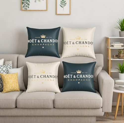 Kissenbezug für Sofa, dekorative Kissenbezüge Champagner und Schwarz, 45 x 45 cm, 4-teiliges Set, Baumwolle, Leinen, einfarbig, Sofakissen, Armlehne aus natürlichem Leinenstoff