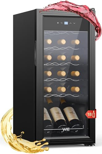 WIE Vinoteca, 18 Botellas Nevera Vinos, 53L Vinoteca Pequeña, Protección UV, Control Táctil, Iluminación LED, 5-18°C, para Vino Tinto, Vino Blanco, Cerveza, Bar Interior/Cocina/Hotel