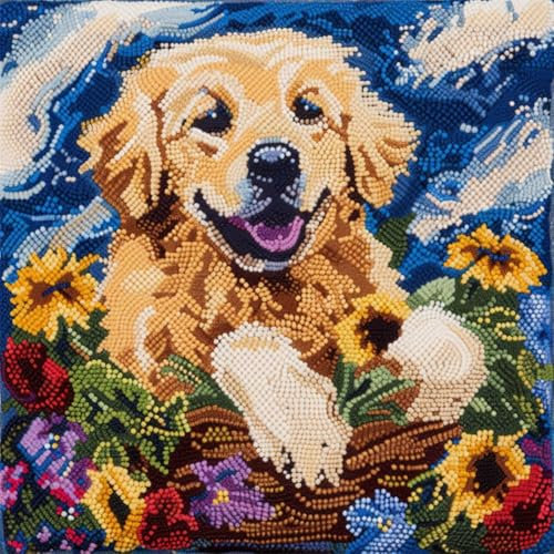 DIY knüpfen set anfänger Golden Retriever Tier knüpfkissen mit vordruck Hund und Blumen DIY Knüpfkissen，Überwurfkissen，Matte，Stickerei-Bastelsets für Anfänger mit aufgedrucktem Muster， 43x43cm