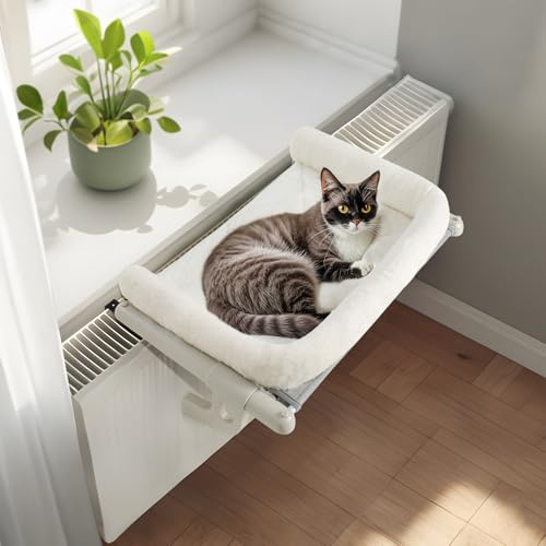 GUUSII HOME Cat Hammock Window Perch Seat Kitten Hanging Bed Windowsill for Indoor Large Pet Shelf Sturdy Kitty Lounger Washable Cushion Easy to Assemble No Drilling Hold 18kg 56 * 38cm(White, S)