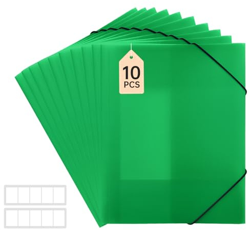 FRETONBA Postmappe A4 Schule, Sammelmappe 10 Stück,Eckspannermappe, Grün | Elastische Bandbefestigung, Schnellhefter A4 PP-Material Robust und Langlebig, Dokumentenmappe, Transparent