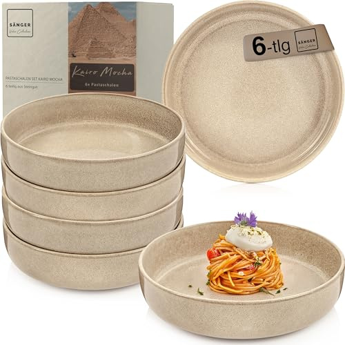 SÄNGER Kairo Mocha | Pastaschalen 6 teilig, 6x Nudel Schalen aus Steingut, Schüssel Set spülmaschinenfest mikrowellenfest kratzfest, große Schüssel Beige Pasta Teller 800 ml | VALUE COLLECTION