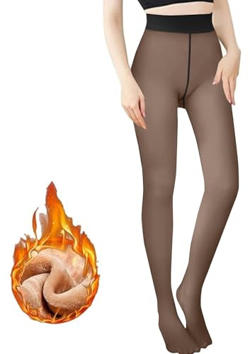 Générique Collant Polaire Femme Effet Transparent-Collant Thermique Épais Legging Polaire Chaud Hiver Collants à Taille Haute et Doublés Grande Taille Café L