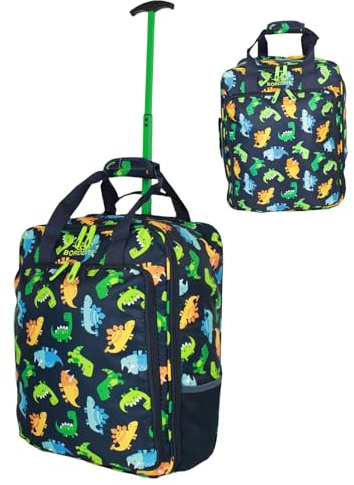 Bordlite EasyJet Kids Cabin Approved Holdall on Wheels, 45x35x20cm Underseat Carry-Ons, Extendable Handle, Multi Pocket, Travel Bag - 32L Flight Bags for Boys & Girls - Dino