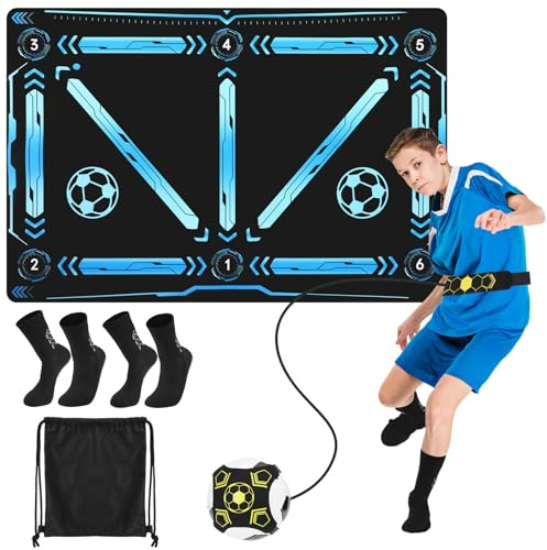 Tappeto da Allenamento per il Calcio 60 x 90 cm, Tappetino da Calcio Antiscivolo con Cinghie Regolabili e 2 paia di Calzini, Accessorio per l'allenamento del Calcio, Regalo per il Calcio per Bambini