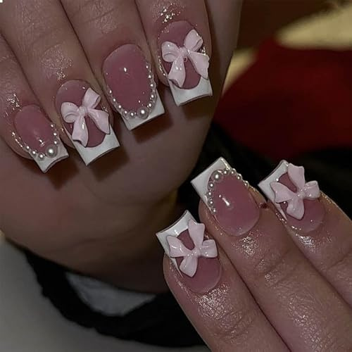 GlamRays Kurze Press on Nägel Quadratische Falsche Nägel Weiße French Tip Falsche Nägel Pink Acrylnägel Press ons Mit Schleife Perlen Charms Design Klebe-Nägel Glänzend 24 Stück