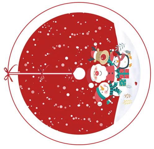 Falda de árbol de Navidad de 48 pulgadas, cubierta de base navideña roja y blanca, tema de Papá Noel y amigos, alfombrilla redonda grande para árbol