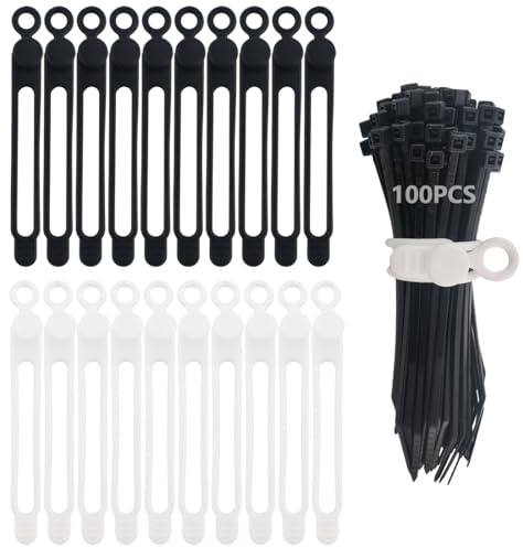 20 Stück Silikon Kabelbinder (je 10 Stück Schwarz und Weiß) und 100 Stück schwarze 100mm Nylon Kabelbinder wiederverwendbare Silikon Kabelbinder für das Kabelmanagement