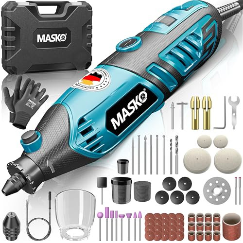 MASKO® Multifunktionswerkzeug Rotationswerkzeug 200W Variable Drehzahl 10.000-40.000 U/min mit flexibler Welle Schnellspann-Bohrfutter Transportkoffer 141teiligem Zubehör-Set Bohren Polieren Schleifen