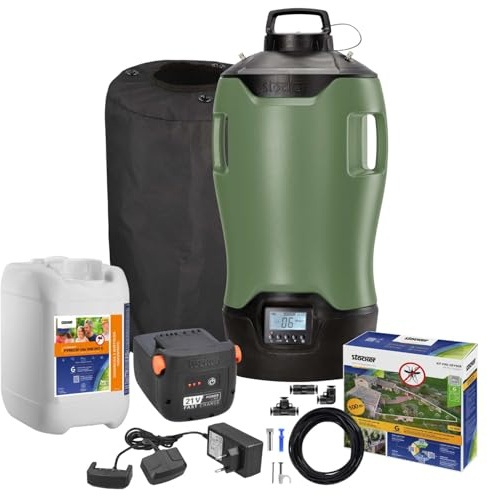 STOCKER - Geyser Nebulizzatore 25 L MI 21 V - Kit Completo Anti-Zanzare con Batteria Li-Ion 21V, Serbatoio 25L e 100 m di Tubo - Copertura fino a 400 mq - Sistema di Miscelazione Interna
