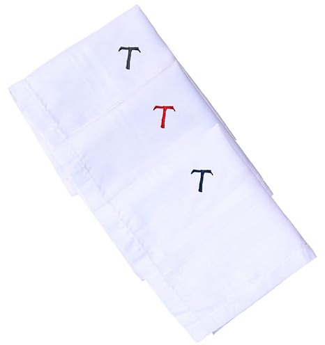 Hell Blues Taschentuch mit Monogramm für Herren, Initiale bestickt, 3er-Pack, sortiert, 100 % Baumwolle, Kingsize, weißes Einstecktuch, T, 18inch X 18inch