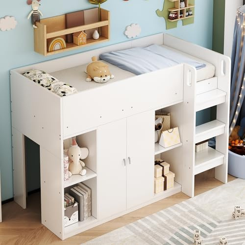 NNJN Multifunktionales Hochbett 90 * 200 mit Stauraum, Schrank und Regalen – Kinderbett mit Leiter und Stabiler Konstruktion (Weiß)