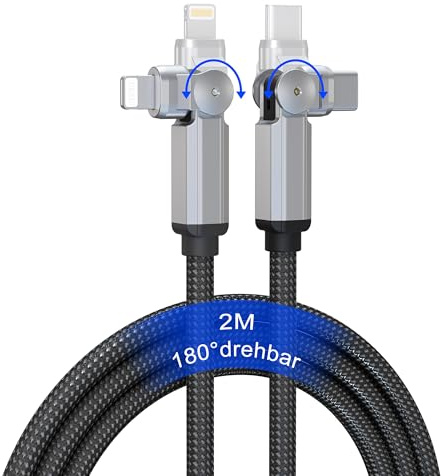 Cable Apple Carplay USB-C a Lightning de 90 Grados con Conector Giratorio de 180 Grados y 2 M [MFi, 3A, CarPlay, Datos] Cable datos iPhone Carplay de 90 Grados para iPhone 14, 13, 12, 11 X XS y iPad