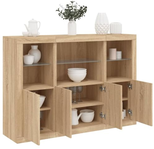 Qnhdfrt Sideboard mit LED-Beleuchtung 3 Stück Sonoma-Eiche Holzwerkstoff Modernes Design viel Stauraum für Wohnzimmer Küche Flur Gesamtabmessungen 142,5x37x100 cm
