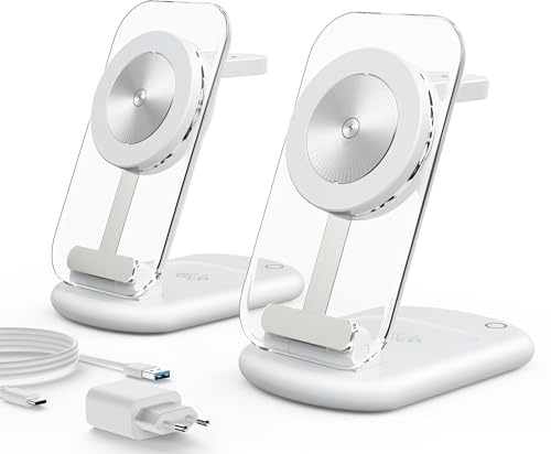 Induktive Ladestation Kompatibel mit Mag Safe Ladegerät,Silber 2er Pack | iPhone Ladestation für iPhone 17e/Air-12 Serie,15W Wireless Charger für Apple Watch und Airpods,Nachtlicht,faltbar,Portable
