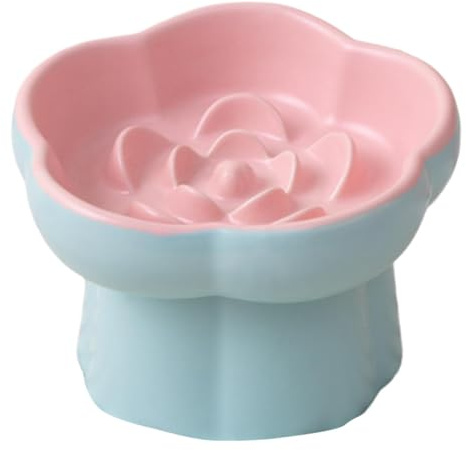 Dualoai Gamelle pour Chat, Bol pour Chat, Écuelle Surélevée Plat Anti-Glouton Récipient en Céramique avec Bord Haut Anti-Débordement Adapté pour Les Chatons et Chiots Fournit, Rose Bleu
