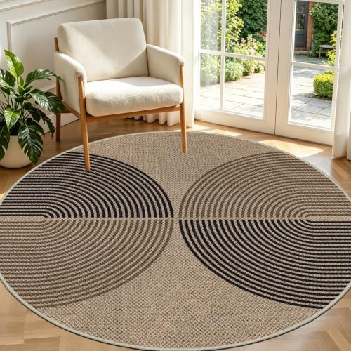 Capslpad matta vardagsrum rund 160 x 160 cm jute utseende köksmatta naturligt rund tvättbar halkfri matta för vardagsrum, sovrum, kontorsområde, svart brun