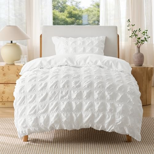 Bedsure Single Duvet Cover Set - Seersucker Bedding, White, 135x200 cm