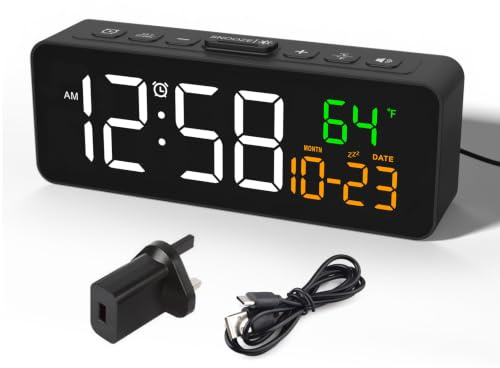 Netzu Digital Alarm Clocks for Living Room, Small Alarm Clock with Temperature, Calendar, 4 Dimmer, 3 Volumes, Loud Digital Clock Mains Powered, Plug-in Alarm Clock Beside for Kids Adults