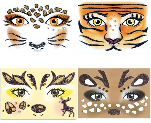 Gleevio 4 Stück Reh Gesichtstattoo Karneval,Leopard Tattoo Gesicht,Leopard Schminke Face Art Sticker,Glitzer Reh Temporäre Tattoos,Ablösbare Leopard Face Sticke,Gesichtstattoo Leoparden für Fasching