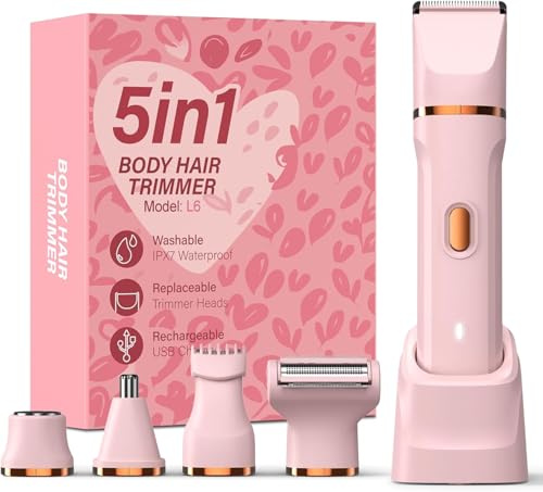 HOHOLE 5-in-1 Bikini Trimmer for Women, IPX7 Waterproof Electric Razors Shaver, Cordless Body Hair Trimmer, Facial & Pubic Hair Removal, Ceramic Blade (Pink)