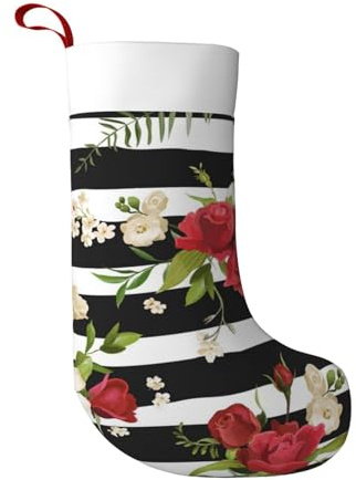 WXWJSHMGC Schwarz-weiße Streifen rote Rosen-Blumen-Druck, 45,7 cm, Weihnachtsstrumpf, Kamin, hängende Weihnachtsstrümpfe für Dekorationen, Urlaub, Party