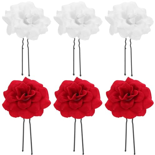 Veemoon Lot de 6 Épingles à Cheveux de Rose en Tissu Velours Couleurs Rouge et Blanc Fourche à Cheveux U pour Coiffure de Mariage Support Chignon Féminin Élégants