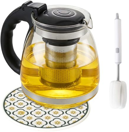Luxvara Théière en Verre avec Infuseur en acier inoxydable grande capacité Theiere Transparente en Verre avec brosse pour Amateurs de Thé Théière Teapot Pour la préparation de thés en vrac (1500ml)