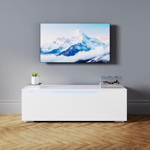 SONNI Lowboard mit LED (16 Farben), Hängend/Stehend, Weiß, 100x35x30cm | TV-Schrank Hochglanz für Fernseher bis zu 43 Zoll, Fernsehtisch mit Klapptürfach, TV-Regal für Wohnzimmer, Schlafzimmer