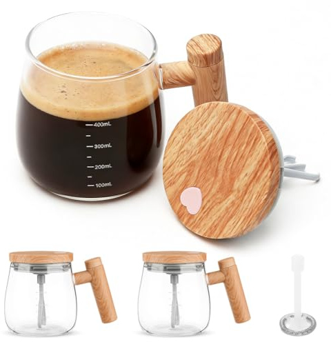 Wapasezyar Glass Self-Stirring Cup, Set of 2, Electric Self Stirring Mug with 4 Mixing Heads, Automatic Mixing Cup with Lid for Coffee, Milk, Protein Powder, Hot Chocolate