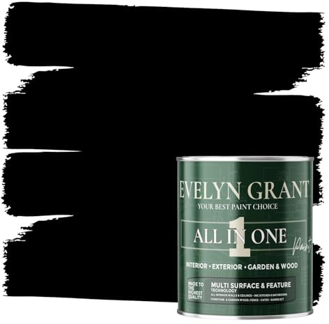 Evelyn Grant All-IN-ONE Paint & Primer - Multi-Surface Paint For Interior Walls, Outdoor Garden & Exterior Walls, Wood Furniture | High Durability Multi-Feature - Midnight Black - 0.5L - Matt