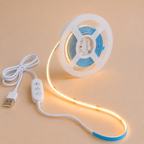 TK99SW Tira de LED COB USB 1 metros, 5V Regulable Blanco Cálido 2700K, 320LEDs/M, CRI92, 8 mm Ancho, Tira de Luz LED Flexible Para dormitorio, casa, armario, iluminación DIY