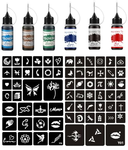Kit Tatuaje Temporal Adulto Tattoo 6 Botellas Color 2 Piezas Grandes Tatuajes Temporales Falsos DIY, Tinta para Tatuar Temporales, Tattoo Ink, (Azul Caché, Negro, Rojo, Verde, Azul, Marrón)