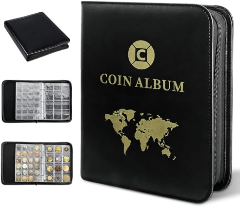 KUWUNG Album Pièces de Monnaie 360 Pochettes, Classeur avec Zip 3,5/4,5 cm | Album Pièces 2 Euros | 20 Pages Transparentes | Classeur Numismatique pour Timbres, Médailles Touristiques, Insignes