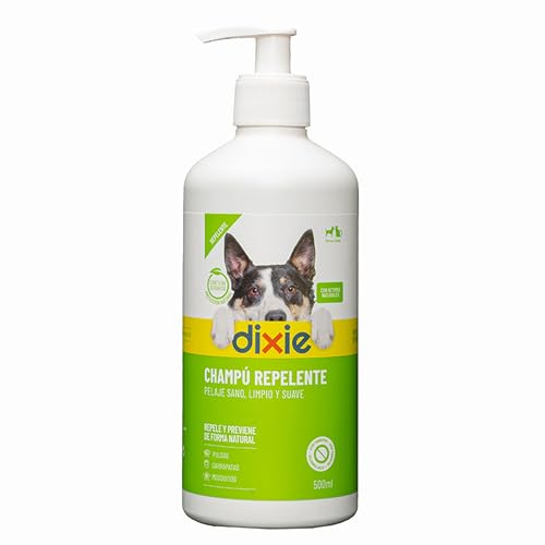DIXIE - Champú Repelente Perros y Gatos - 500 ml - Repele y Protege contra Mosquitos, Pulgas, Garrapatas y Otros Insectos - Facilita el Cepillado del Pelaje - para Todo Tipo de Pelajes