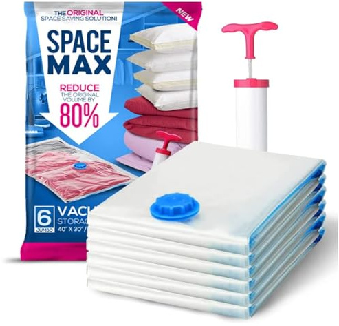 Jumbo 6 Pack - SPACE MAX Premium Space Saver Vacuum Storage Bags - Save 80% More Storage Space - Reusable, Double Zip Seal & Leak Valve, Includes Travel Hand Pump