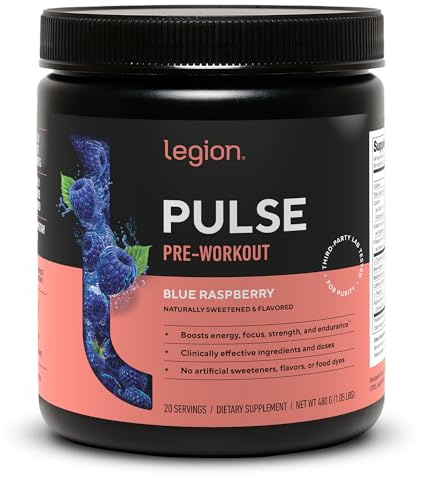Legion Pulse Pre Workout Supplement - All Natural Nitric Oxide Preworkout Drink to Boost Energy, Creatine Free, Naturally Sweetened, Beta Alanine, Citrulline, (Caffeinated Blue Raspberry)