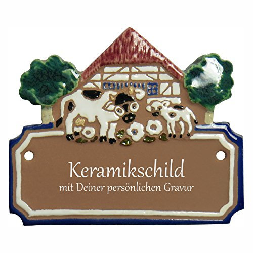 Handarbeit aus Schleswig-Holstein Keramikschild 12,0 x 10,0 cm Motiv Fachwerkhaus mit Kuh und Kalb (braun)