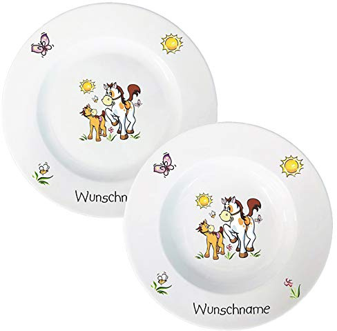 Kindergeschirr Tiere Speiseservice 2-tlg. Suppenteller und Speiseteller Pferde Kinder Service Set aus Porzellan personalisierbar mit Wunschname Name Kindergeschirr mit Namen personalisiert