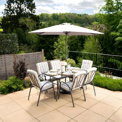 Hectare 6 Seater Metal Garden Furniture Outdoor Dining Set with Table and Parasol in Grey Stripe