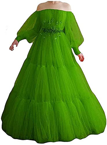 Vestido de fiesta elegante con hombros descubiertos, manga hinchada, vestido de fiesta con volantes, de tul para jóvenes, Lima verde, 24