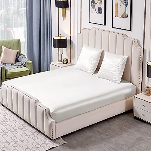 THXSILK 25 Momme Seide Spannbetttuch 3 teilig Set mit 1 Stuck Spannbettaken 180x200 und 2 Stücke Kissenbezüge 80x80, Beide 100% Seide, Weiß