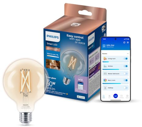 Philips Smart Lighting, LED Filament G95 Light Bulb, E27 Base | Tunable White Light 2700-6500 K, 806 Lm, Smart Bulb, Low Dimming, Bluetooth App Control, Decorative Design, Smart Home