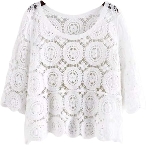 Camiseta de Ganchillo de Manga 3/4 de Verano para Mujer, Estilo Bohemio, Hippie, Hueca hacia Fuera de Punto con patrón Floral, Blusa de Playa para Cubrir, Blanco, Talla única
