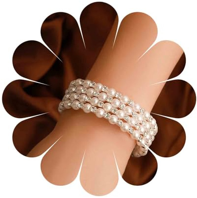 Inateannal 4-Strand Faux Perle Stretch-Armband Offene Manschette Nachahmung Perle Armreif Mehrschichtige Kristall Wicklung Spirale Armband Hochzeit Brautschmuck Für Frauen