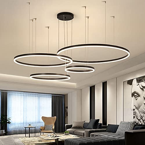 Modern LED Ring Pendelleuchte Dimmbar Wohnzimmerlamp Aluminium Kronleuchter Mit Fernbedienung Schlafzimmer Hängeleuchte Salon Esszimmer Deckenleuchte Metall Acryl Hängelampe,Schwarz,40+60+80+100cm