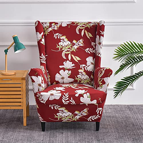 Highdi 2-Teilig Ohrensessel Bezug Sesselbezug Sesselüberwürfe Ohrensessel Überzug Elegant Blumen Stretch Sesselhusse mit Armlehne für Ohrensessel, Relaxsessel, Fernsehsessel (roter Garten)