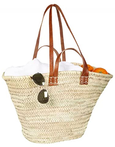 FRENCH BASKET with double flat leather handles, straw bag, beach bag, basket bag, shopping basket, wicker basket with handle, straw market basket (Large, Tan Brown)