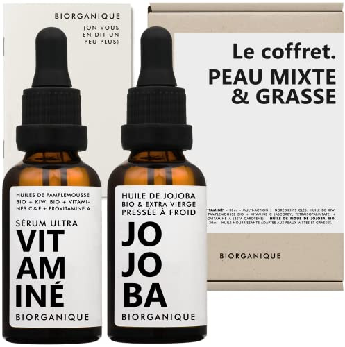 Set | gemischte & fettige Haut | 1 x Bio-Jojobaöl + 1 x Bio-Multi-Action-Serum mit Vitamin C, E und Provitamin A + Bio-Kiwi-Öl | Gesicht | 100% natürlich | 2 x 30 ml