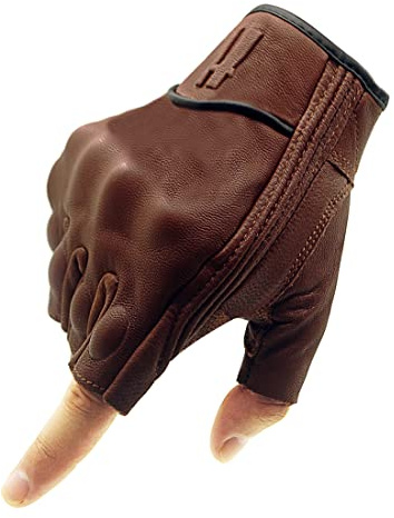 Harssidanzar Gants sans Doigts de Moto à écran Tactile en Peau de chèvre à Doigt Complet pour Hommes GM037EU,Brun Selle,Taille XS